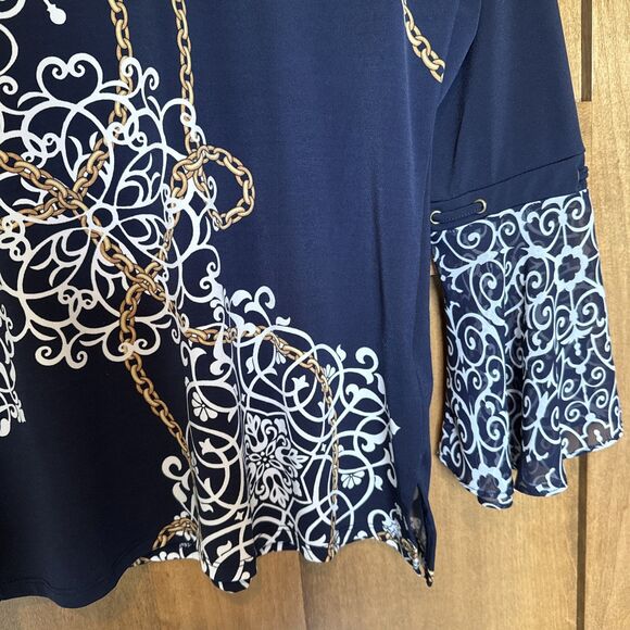 JM Collection Women's Size Petite Keyhole 3/4 Bell Sleeve Top Navy/white/gold - Picture 6 of 8